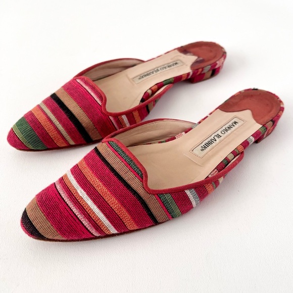 Manolo Blahnik Shoes - MANOLO BLAHNIK | Vintage Multicolored Striped Woven Cloth Slip On Mules EU 37.5